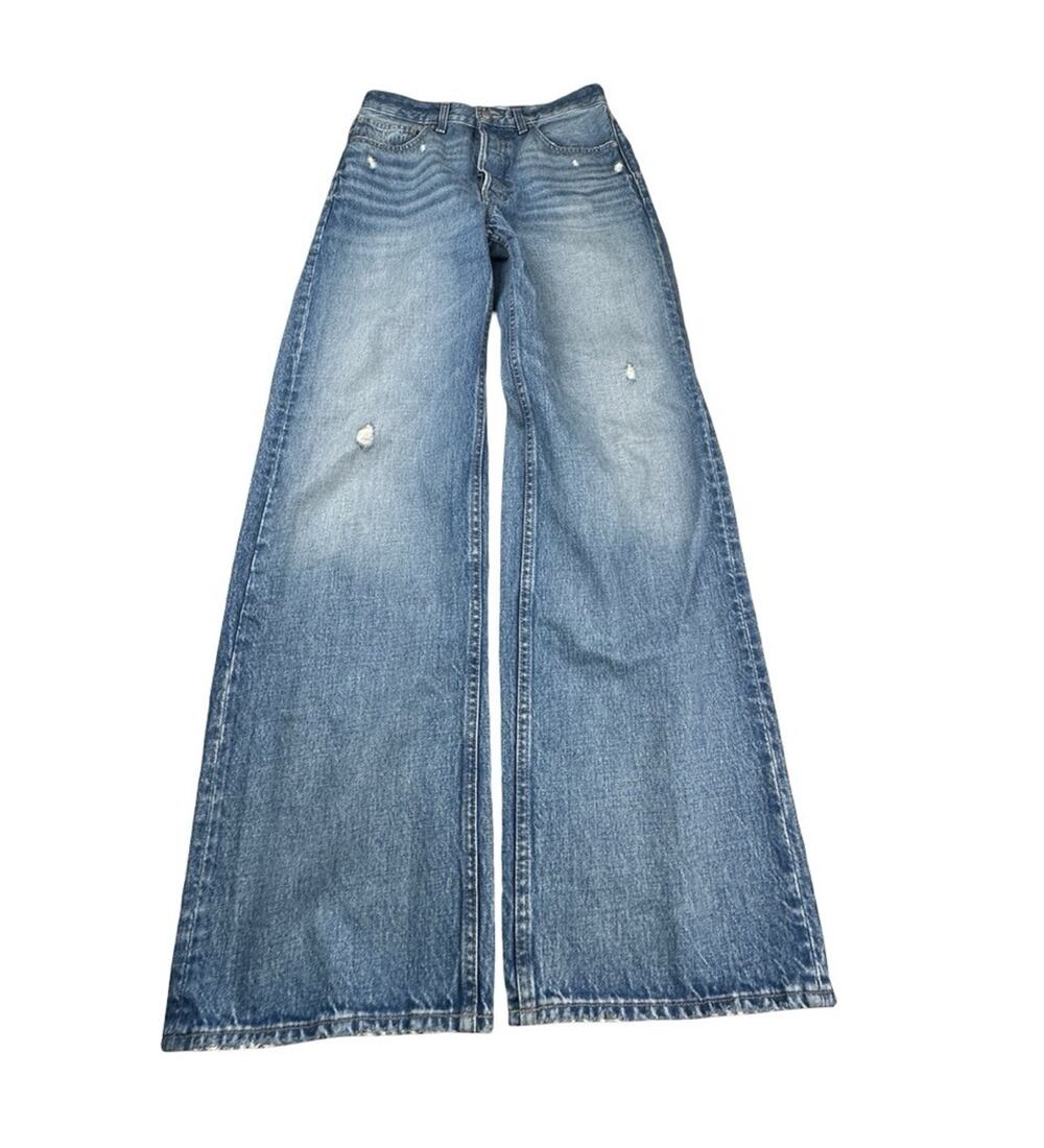 Madewell Low-Slung Baggy Jeans Blue Distressed High Rise Wide Leg Denim Size 24